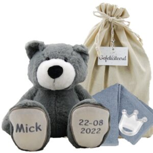 Knuffel Beer Vic Grey Kraamcadeu met naam en datum