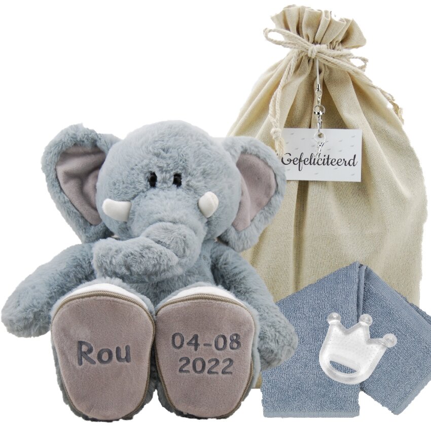 Knuffel Olifant Luka Kraamcadeau met naam en datum